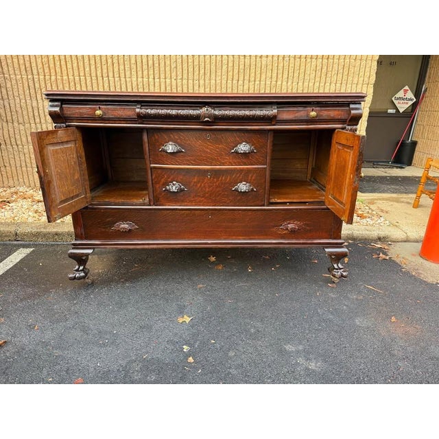 19th Century Antique Tiger Oak Carved Sideboard Server or Buffer For Sale - Image 9 of 10