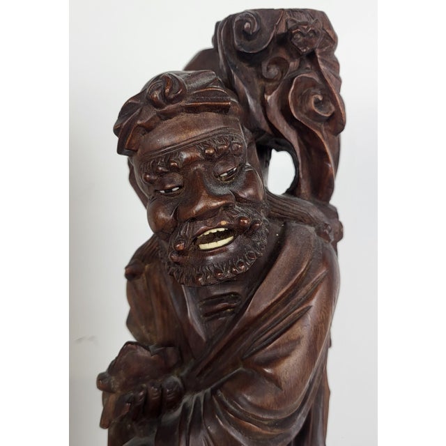 Pair of Large Antique Chinese Li Tieguai Carved Wood Figures W. Glass Eyes For Sale - Image 10 of 14