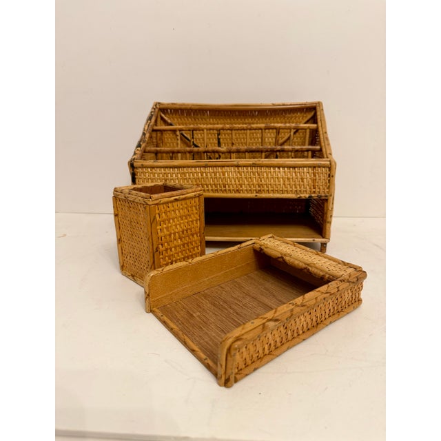 Vintage Bamboo and rattan Letter Holder Desk Organizer 3 Piece Set. Set includes letter holder with three compartments on...