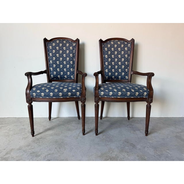 French Country Vintage French Country Louis XVI–Style Carved Wood Frame Dining Chairs – Set of 4 For Sale - Image 3 of 12