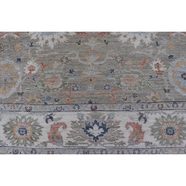 Textile Modern Oushak Rug by Keivan Woven Arts, Muted Greens & Florals 9'0 X 12'4 For Sale - Image 7 of 15