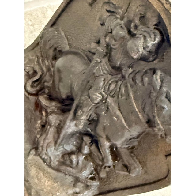 Antique 1925 Hubley #312 Cast Iron, Bronze-Clad Bookend in Bas-Relief Depicting the Legend of Saint George Slaying the Dragon For Sale - Image 9 of 12