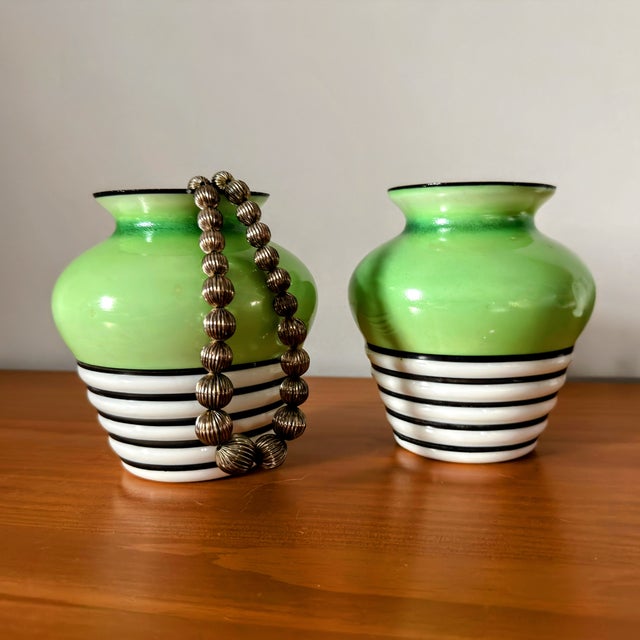 1930s Green & White Glass Vase Duo | Art Deco For Sale - Image 5 of 12