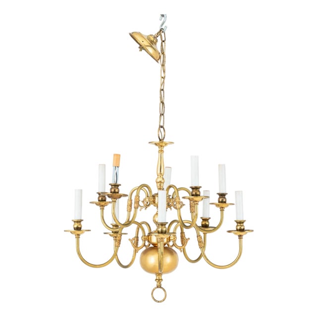 Dutch Baroque Style 10-Arm Gilt Brass Chandelier For Sale
