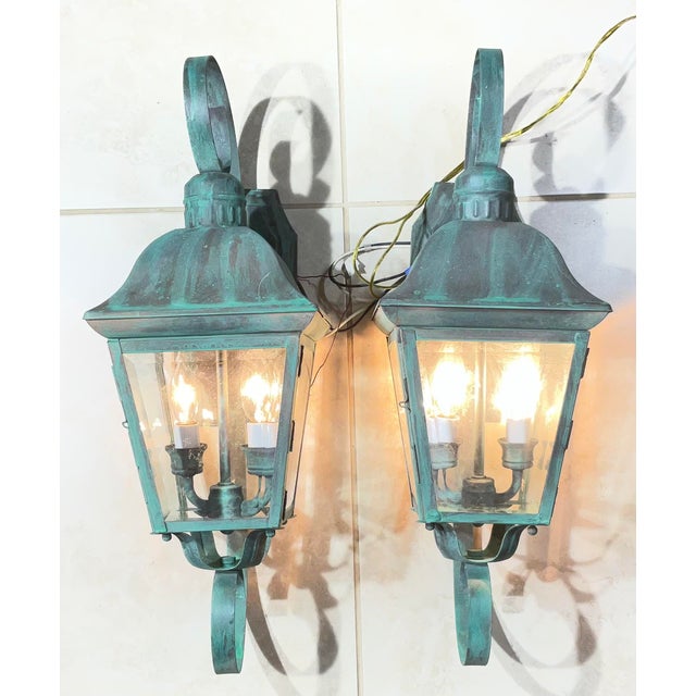 American Pair of Vintage Solid Brass Outdoor Wall Lanterns - 22”h X 7”.5 W X 7”.5 D For Sale - Image 3 of 15