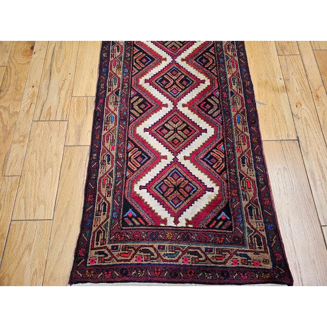 Vintage Persian Malayer Runner Rug, Hand-Knotted Wool, Geometric Pattern, 3x10, Ivory & Red For Sale - Image 11 of 15