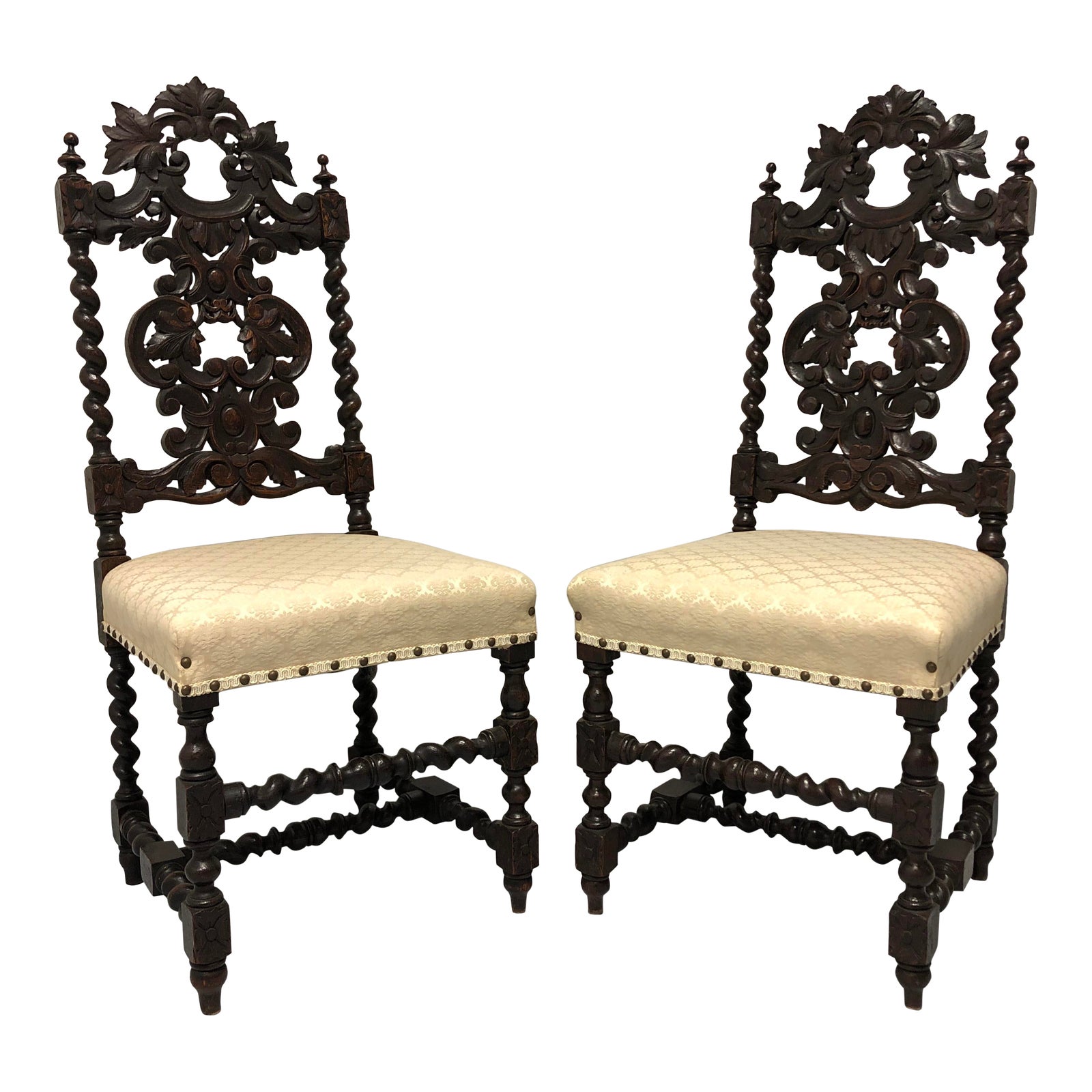 Antique 19th Century Jacobean Revival Barley Twist Chairs a Pair