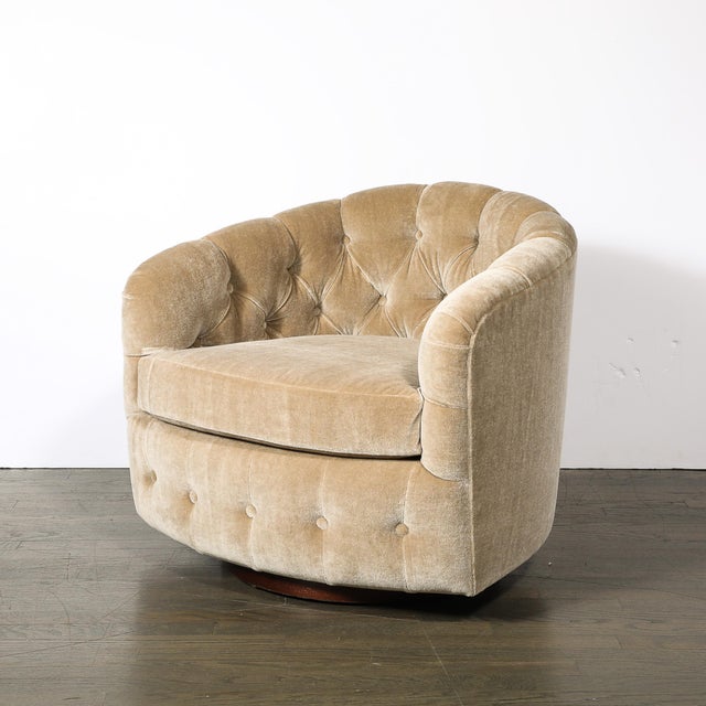 Milo Baughman for Thayer Coggin Pair of Mid-Century Biscuit Tufted Mohair Swivel Chairs Signed Milo Baughman For Sale - Image 4 of 12