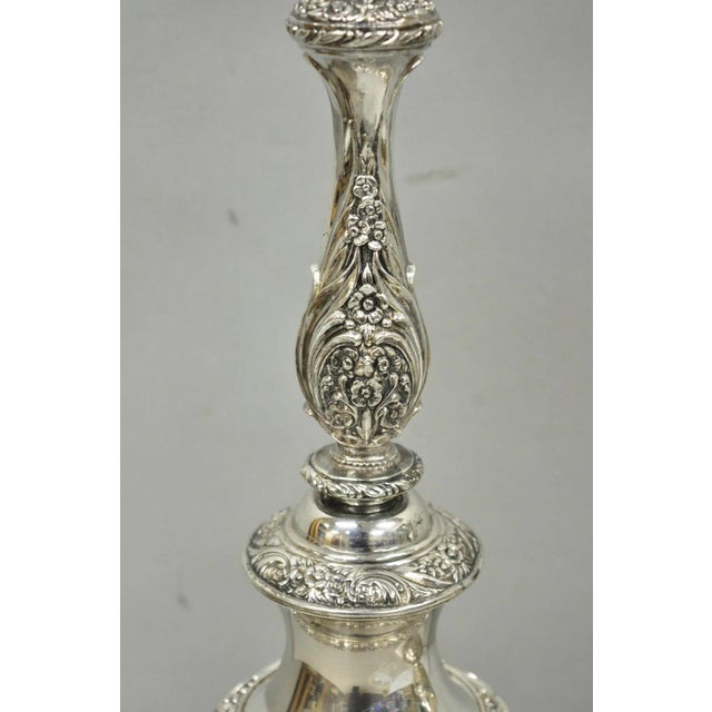 Mid 20th Century International Victorian Silver Plate Floral Repousse Candlestick Table Lamp Pair For Sale In Philadelphia - Image 6 of 18