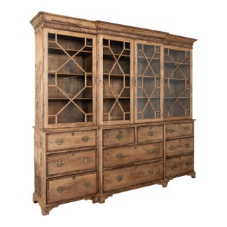 Large English Bleached Oak Bookcase Display Cabinet With Glass Doors, Circa 1900 For Sale