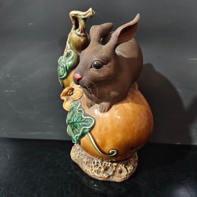 Mid 20th Century Vintage Shiwan Kiln Glazed Rabbit Emerging From Gourd Statue For Sale - Image 5 of 6