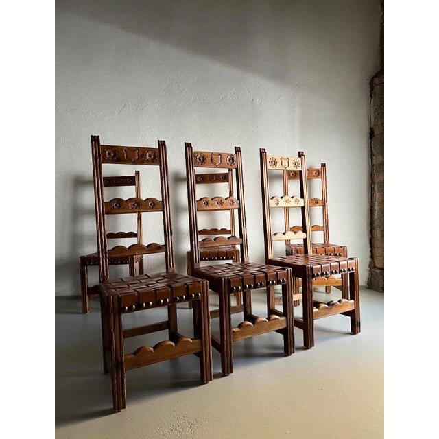 Brutalist Carved Wood Chairs with Leather Seat, Set of 6 For Sale - Image 11 of 13
