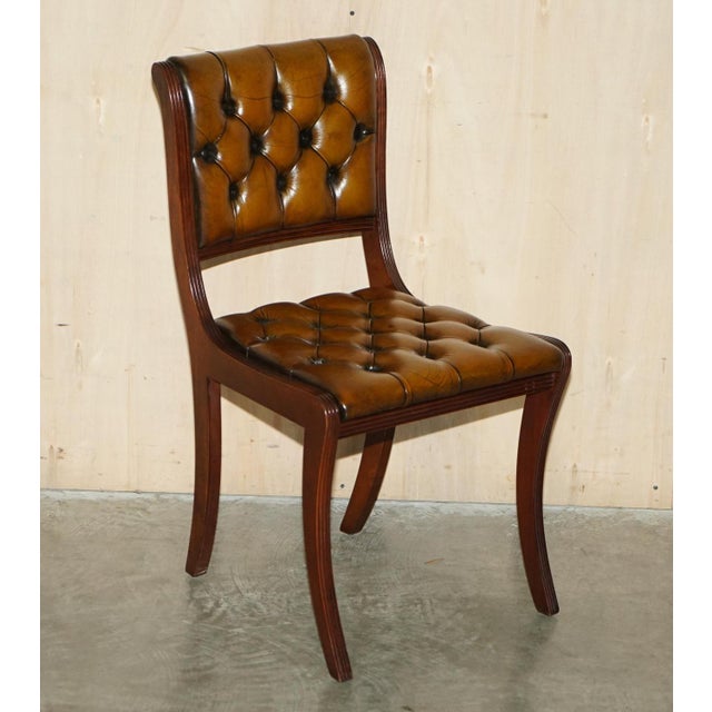 Hollywood Regency Vintage Chesterfield Brown Leather Dining Chairs, Set of 8 For Sale - Image 3 of 18