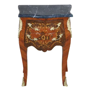 French Louis XVI Serpentine Walnut Bombe Marble Commode Nightstand Petite Chest
