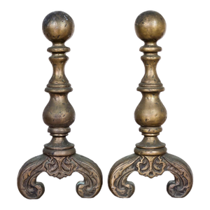 Antique Victorian Solid Brass and Cast Iron Fireplace Andirons Set of 2