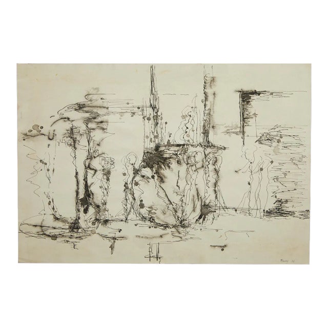 MCM Abstract Ink on Paper Artist Mackey 1956 For Sale