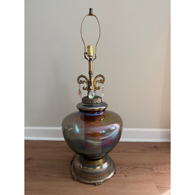 Vintage 1960's EF & EF Industries Cat. No. 414 Iridescent Carnival Glass lamp with AB Crystals & Original Shade. item...