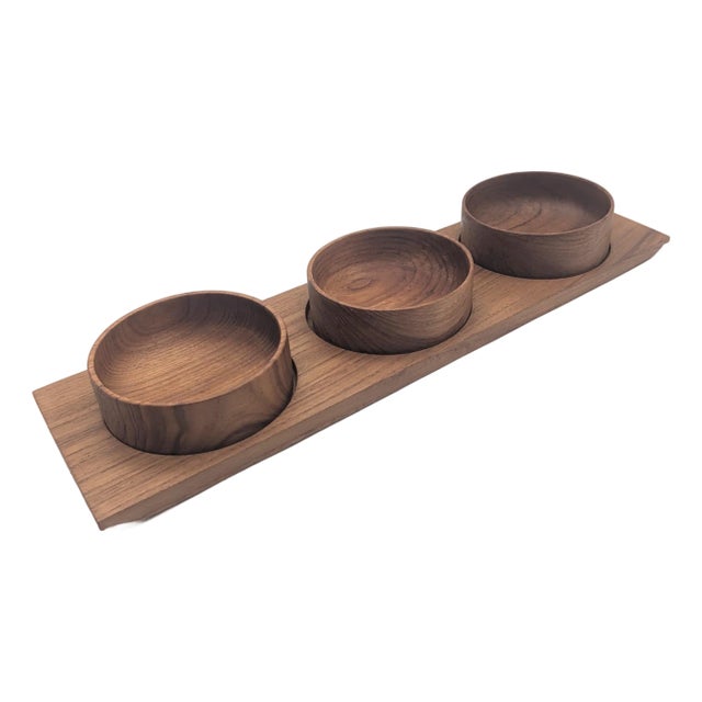 Mid 20th Century Teak Condiment and Dip Tray With Bowls, Set of 4 Pieces For Sale