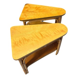 Restored MCM 2-Tiered Vertically Stacked Rattan Arched Wedge Table, Pair For Sale