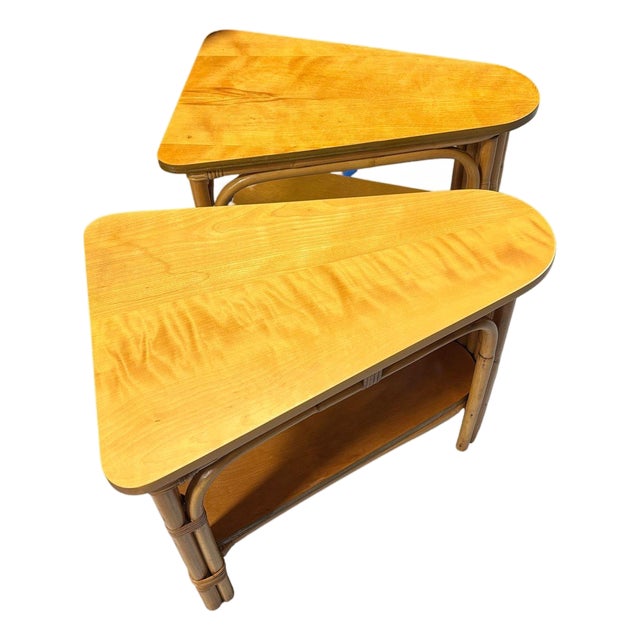 Restored MCM 2-Tiered Vertically Stacked Rattan Arched Wedge Table, Pair For Sale