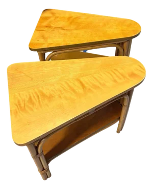 Restored MCM 2-Tiered Vertically Stacked Rattan Arched Wedge Table, Pair