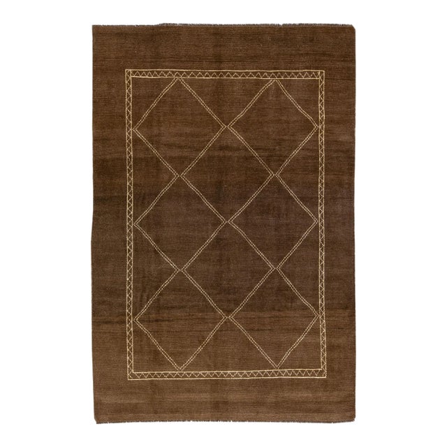 Modern Moroccan Style Brown Handmade Tribal Wool Rug For Sale