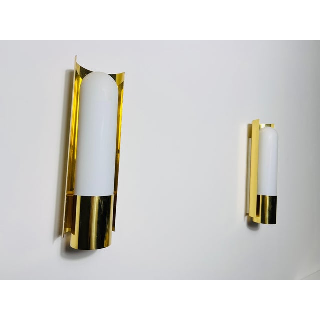Pair of Brass and Opaline Glass Wall Lamps by Glashütte Limburg, 1960s For Sale - Image 9 of 12