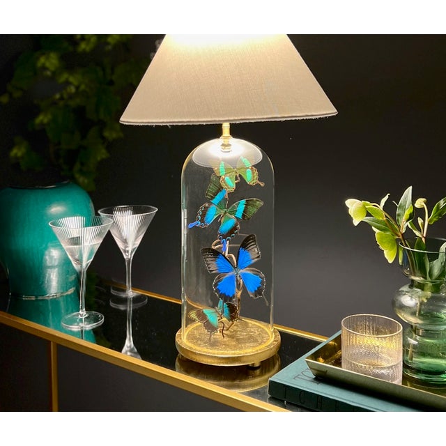 Contemporary Blue Green Butterfly Cloche Lamp For Sale - Image 3 of 6