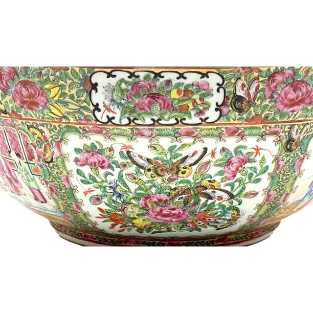 Green Chinese Export Porcelain Rose Medallion Large Punch Bowl For Sale - Image 8 of 11