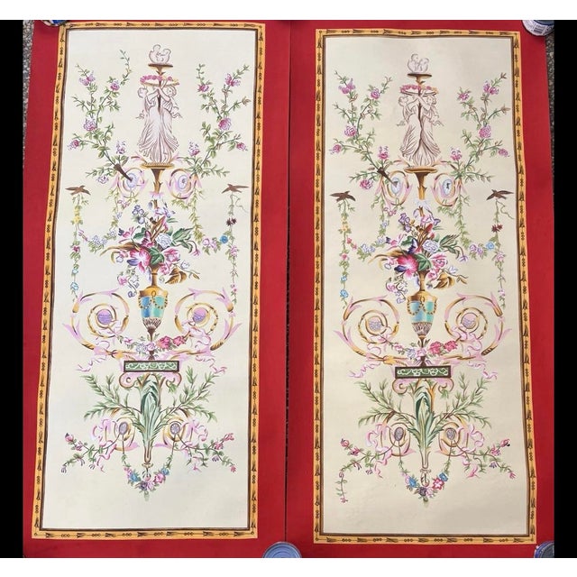 Beautiful pair of contemporary hand painted paper panels with rococo style floral urns and a striking red border. These...