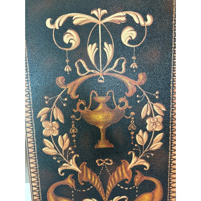 Black Vintage Maitland Smith Hand Painted UrnWall Panels With Brass Lion Finials - A Pair For Sale - Image 8 of 14
