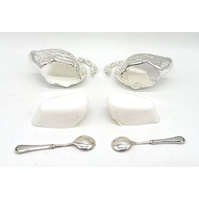 Mid 20th Century Venetian Italian Silver Plated Swan Salt Cellars With Tray & Spoons — Hollywood Regency, Mid-Century Silverplate - Set of 6 For Sale - Image 13 of 16