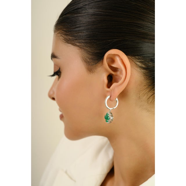 2.92Ct Zambian Emerald & Diamond Clover Dangle Drop Earrings in 14k Gold- A Pair For Sale - Image 9 of 13