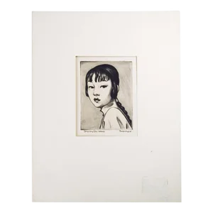 Vintage 1947 Portrait of Young Woman in Peking China Etching