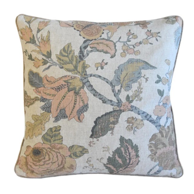 Custom-tailored pillow in Carole Fabrics cotton & linen fabric called "Comfort Zone Cashmere" with a beautiful floral...