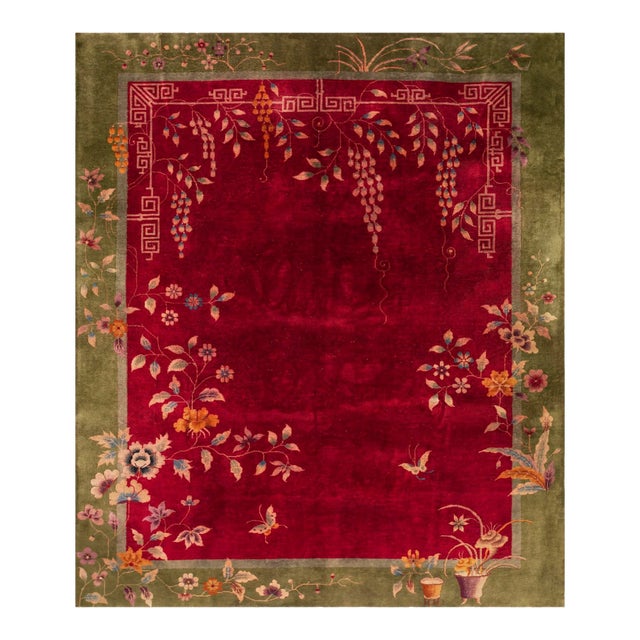 Magistral Red Rust Background and Green Border Color With Floral Design Antique Chinese Art Deco Rug For Sale