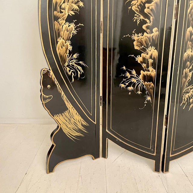 1930s Chinoiserie and Black Lacquer Four-Panel Folding Screen Room Divider, 1930s For Sale - Image 5 of 18