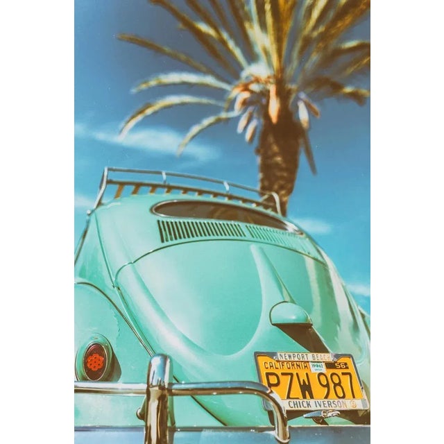 A turquoise 1950s Volkswagen Beetle parked under a palm tree.