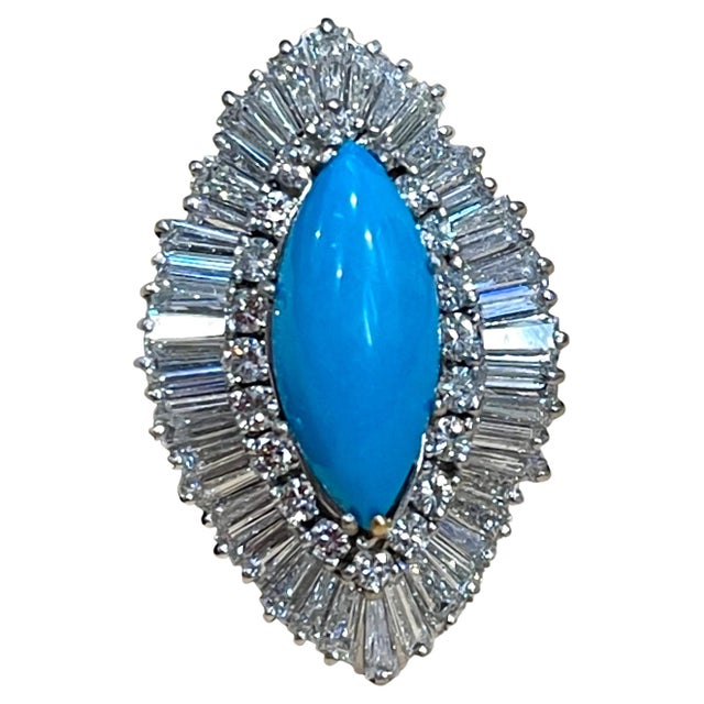 Vintage Natural Marquise Sleeping Beauty Ring Turquoise With Diamonds, Platinum For Sale - Image 17 of 18