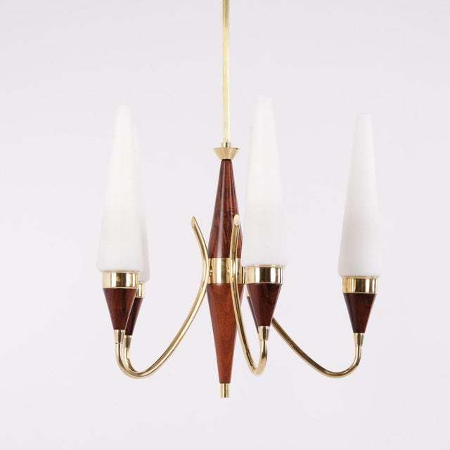 5-Arm Chandelier in Brass and Teak with Opal Glass by Bent Karlby for Lyfa 1960s For Sale - Image 9 of 13