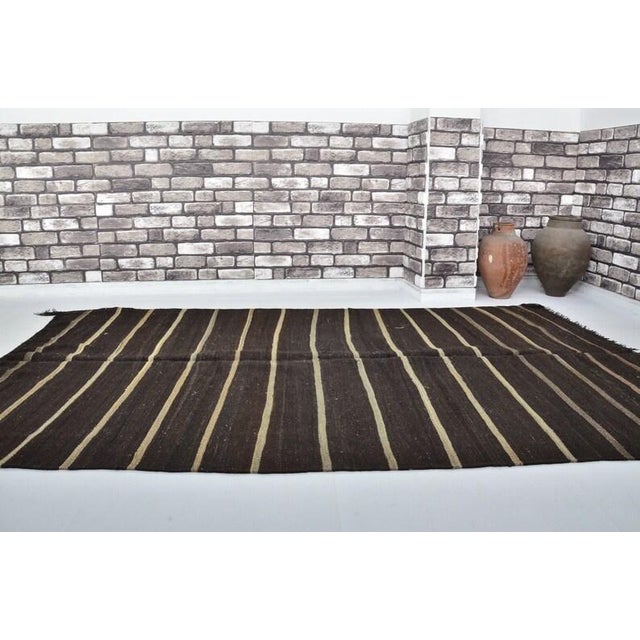 1950s Large Vintage Handwoven Kilim - Dark Brown & Off-White Striped Wool Area Rug For Sale - Image 5 of 8