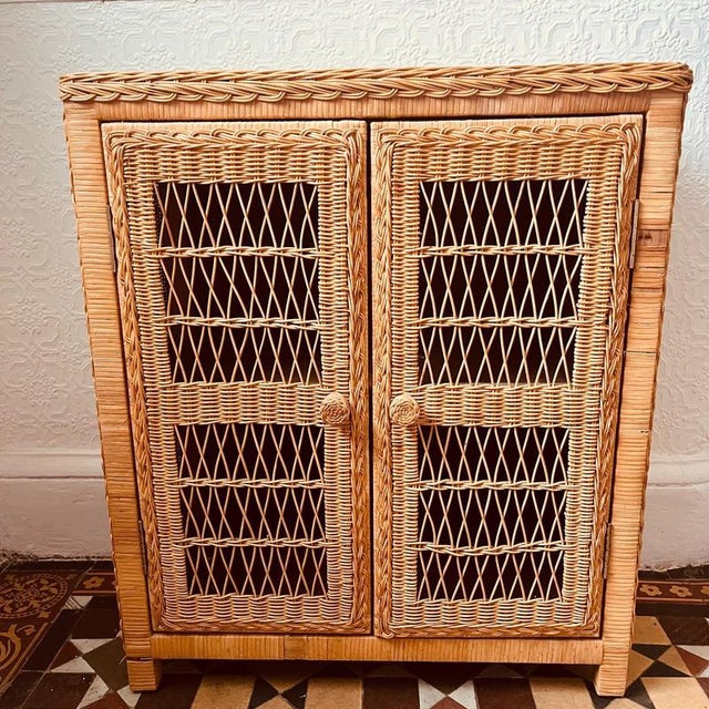 Vintage Wicker Shelved 2-Door Cupboard For Sale - Image 14 of 14