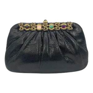 Judith Leiber Black Lizard Black Crystal Multi Colour Gemstone Clutch
