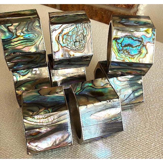 Metal Vintage Mexican Alpaca Abalone Inlay Napkin Rings Set of 8 For Sale - Image 7 of 10