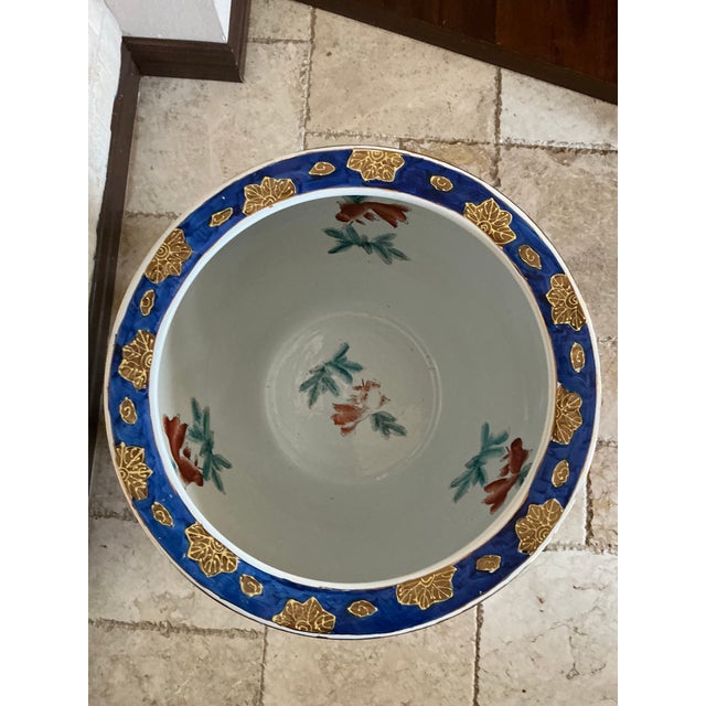 Mid 20th Century Large Hand‑Painted Asian Motif Fishbowl Table With Glass Top & Wood Stand For Sale - Image 12 of 12