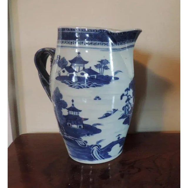 Blue Early 19th Century Chinese Export Blue & White Porcelain Canton Scene Cider Jug or Pitcher For Sale - Image 8 of 11