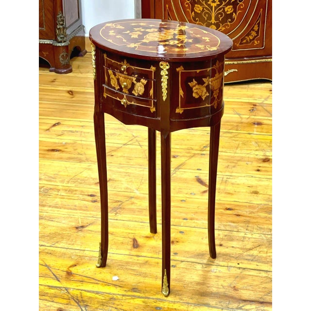 French-Style Round Side Table – Three Small Drawers With Floral Marquetry & Gilded Wood Details For Sale - Image 4 of 4