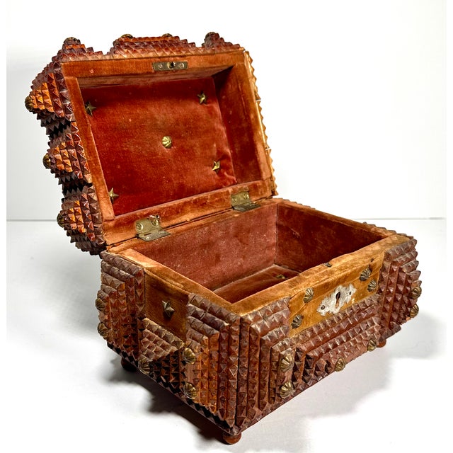 Brown Antique Folk Tramp Art Box For Sale - Image 8 of 17