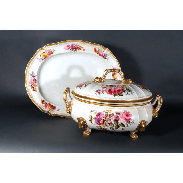 Traditional Derby Porcelain Large Flower-Painted Soup Tureen, Cover and Stand With Gilt Lion Masks and Paw Feet, Circa 1815–1825 For Sale - Image 3 of 12
