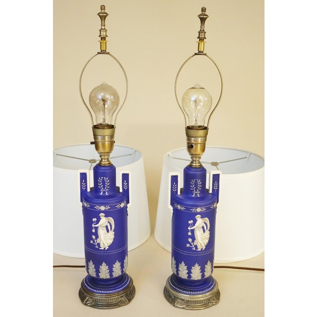 1930s Cobalt Noritake Wedgewood Jasperware Style Neoclassic Art Deco Table Lamps - a Pair For Sale - Image 14 of 15